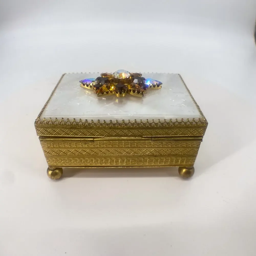 Vintage Austria Jeweled Trinket Box Gold Tone Etched Red Velvet Lined